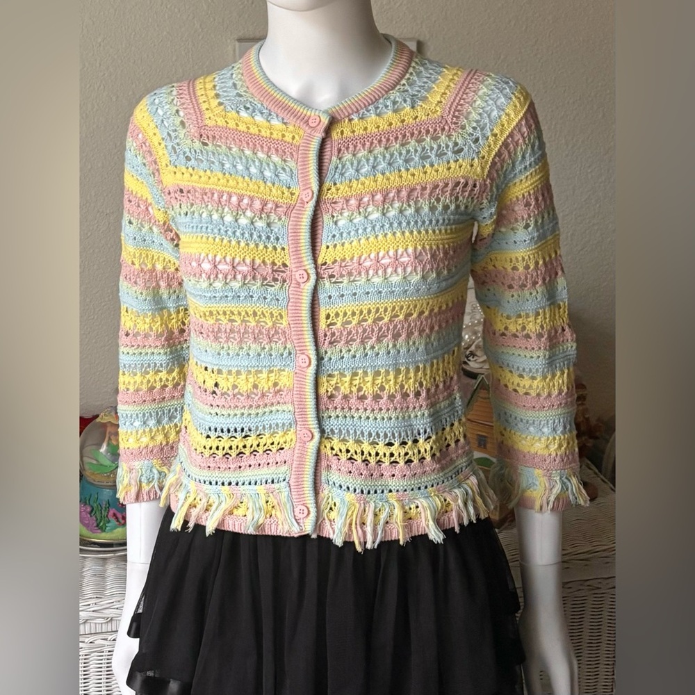 Stella McCartney Kids 100% Cotton Crochet eyelet Cardigan Rainbow Pastel Size 8Y